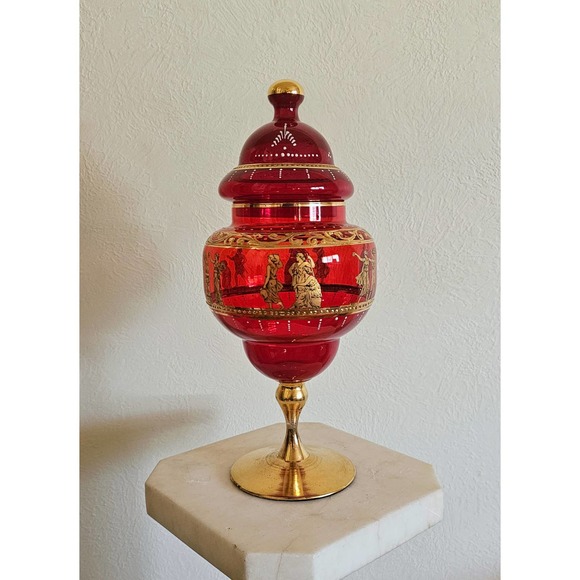 Bohemian 14" Ruby Red Crystal Apothecary Jar with Grecian Design - Picture 1 of 7
